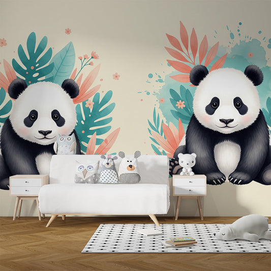 Kids-Mundo panda wall mural styled in a kids bedroom, adding a warm tropical leaf scene to the wall.