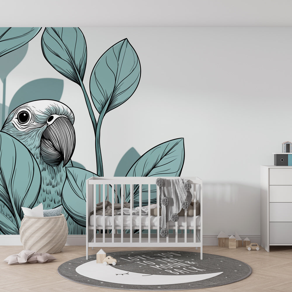 Green tropical wallpaper with parrot design transforming children's bedroom into peaceful jungle sanctuary