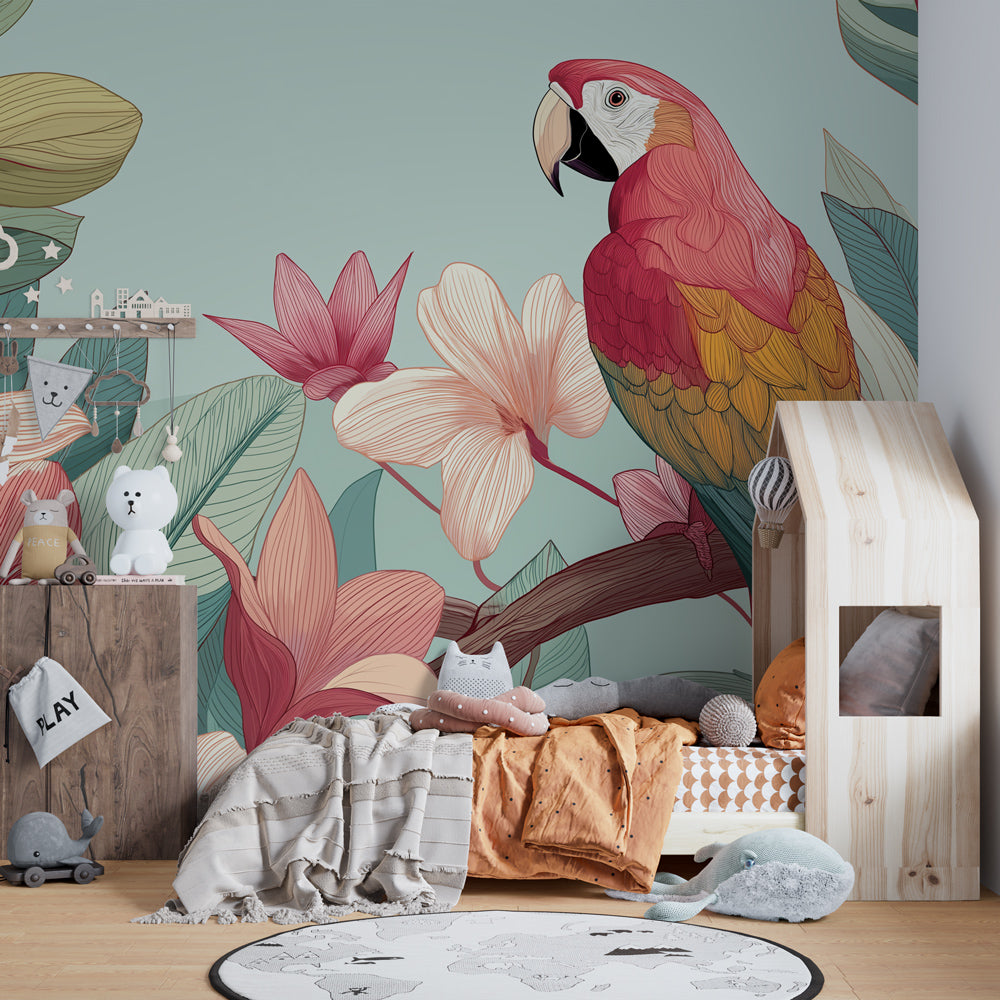 Colorful parrot and flowers mural wallpaper decorating children's bedroom with tropical theme