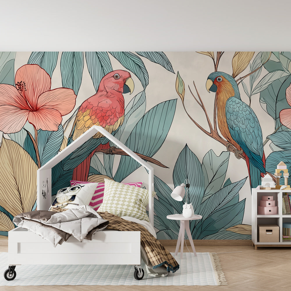 Colorful parrot wallpaper transforming kids bedroom into tropical paradise with lush foliage