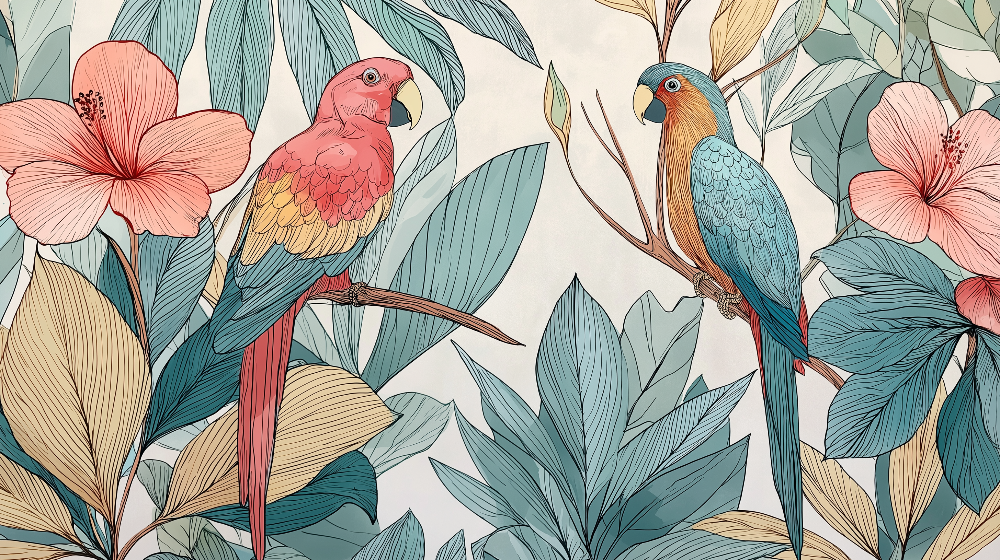 Tropical Parrots and Hibiscus Wall Mural