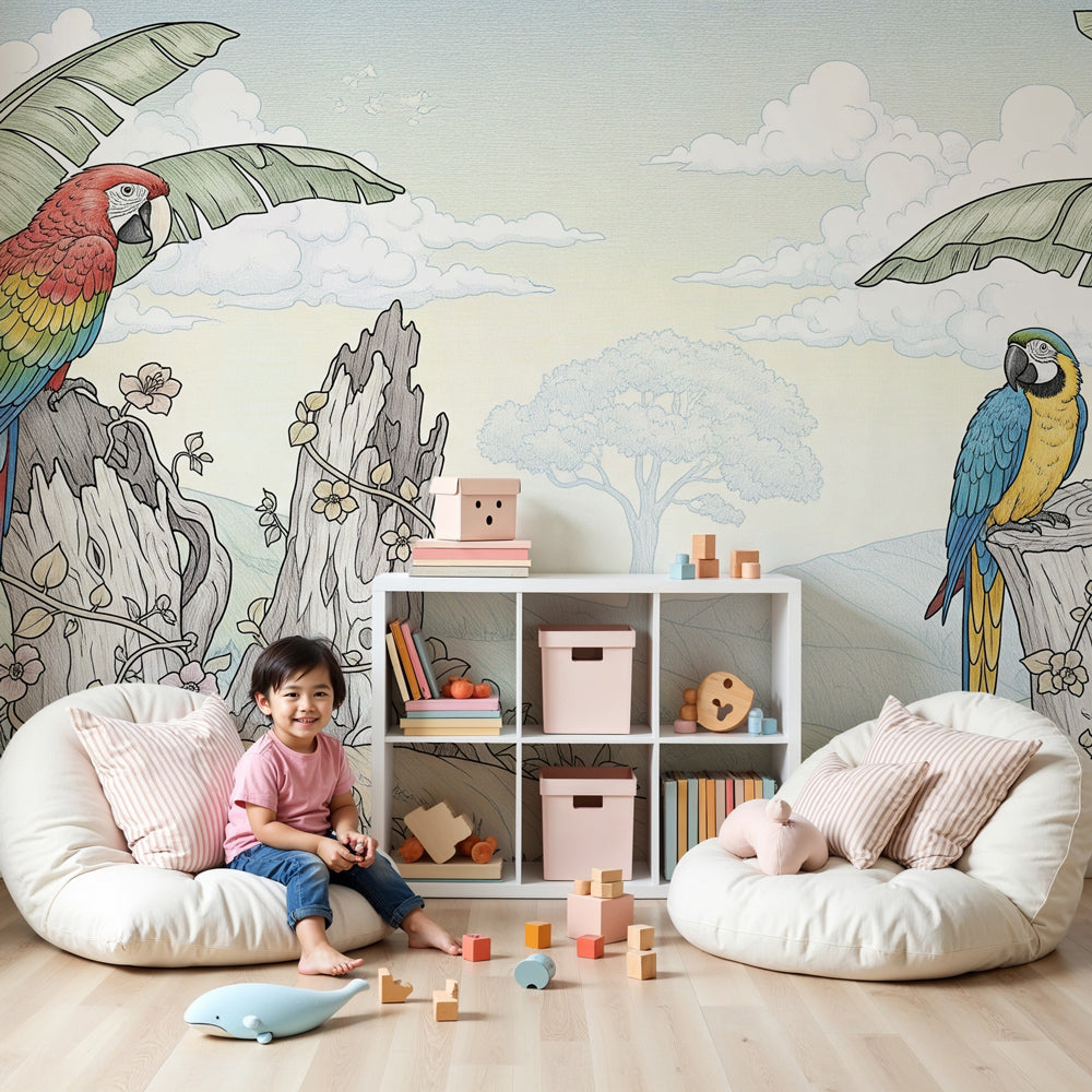 Tropical parrots mural wallpaper creating vibrant jungle themed nursery decor by Kids-Mundo