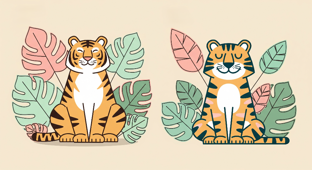 Two Smiling Tigers Among Tropical Leaves Wall Mural