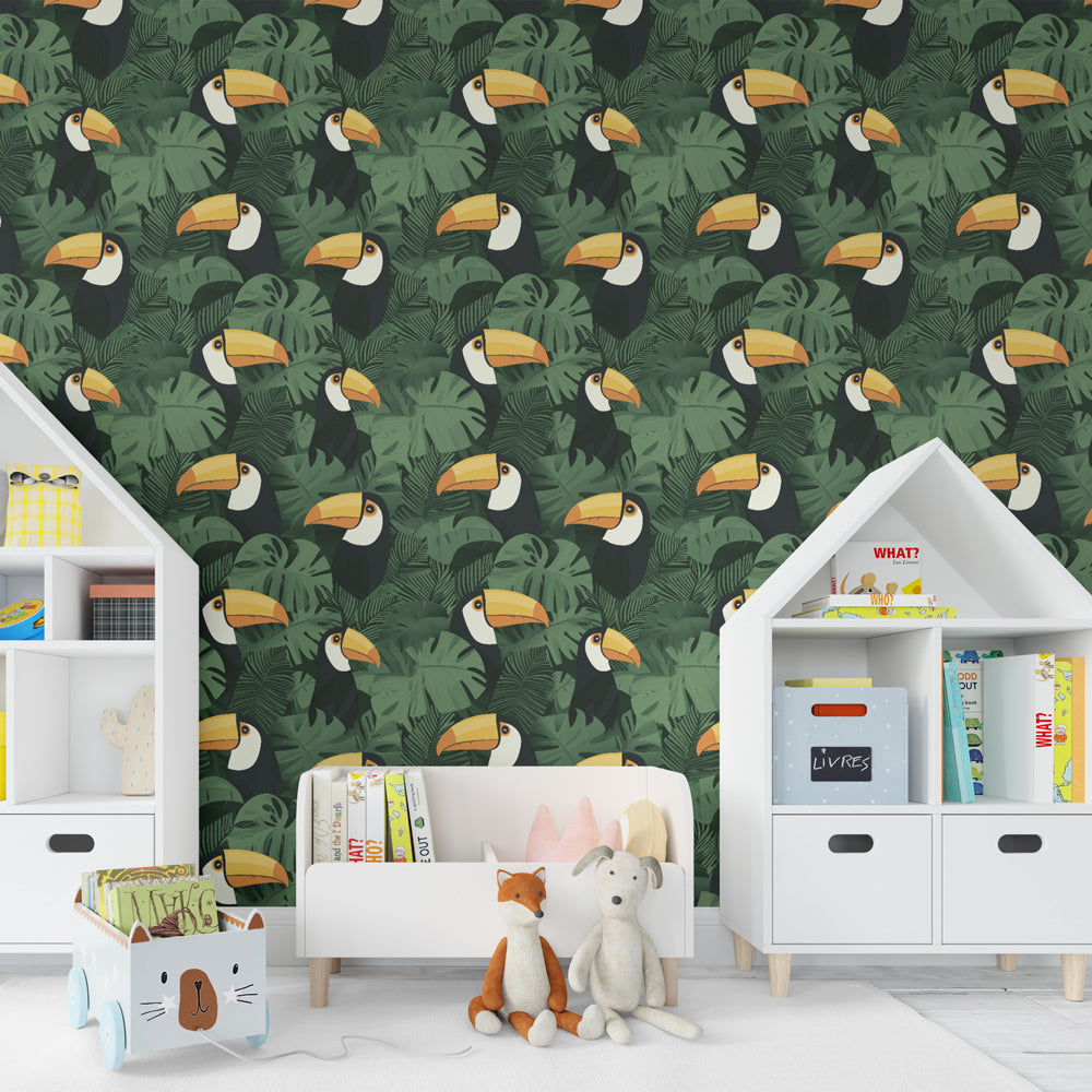Colorful toucan jungle wallpaper creating adventure-themed kids bedroom decor