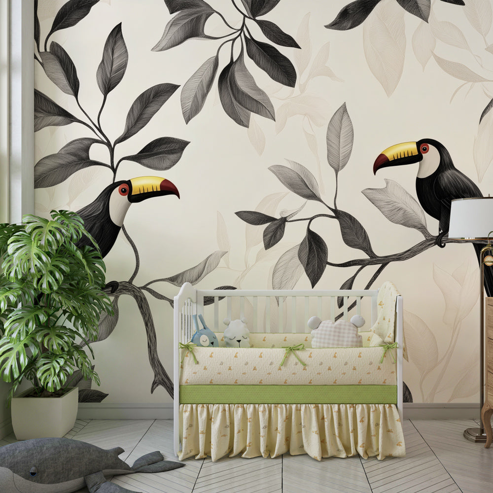 Exotic toucan wallpaper in modern kids bedroom with natural wood furniture and tropical theme