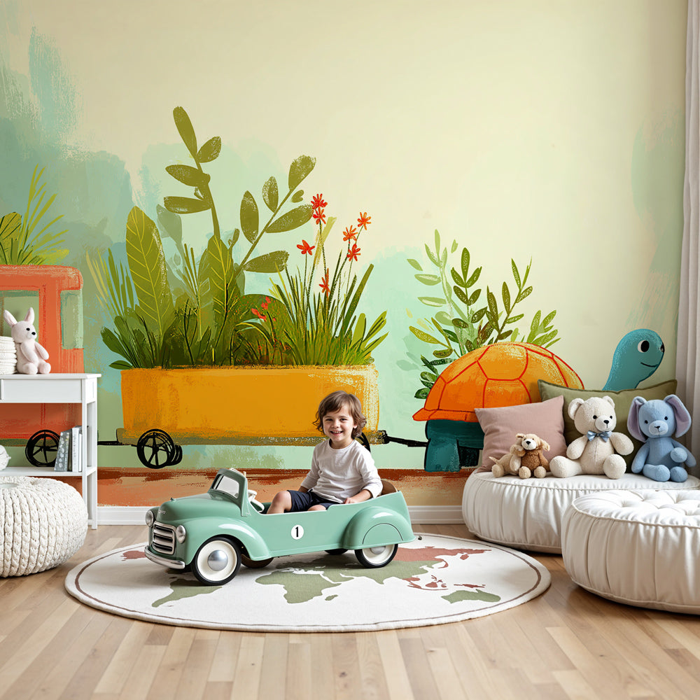 Turtle garden mural wallpaper decorating a bright nursery room with natural wood furniture by Kids-Mundo