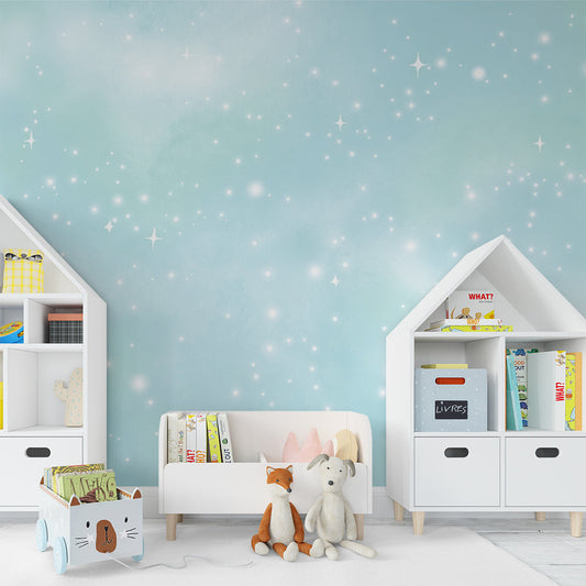 Kids-Mundo twinkling star wall mural behind a bed in a calm kids' bedroom