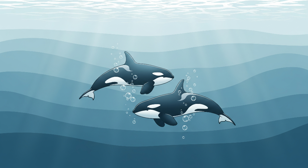 Two Orcas Swimming Together in Deep Blue Wall Mural
