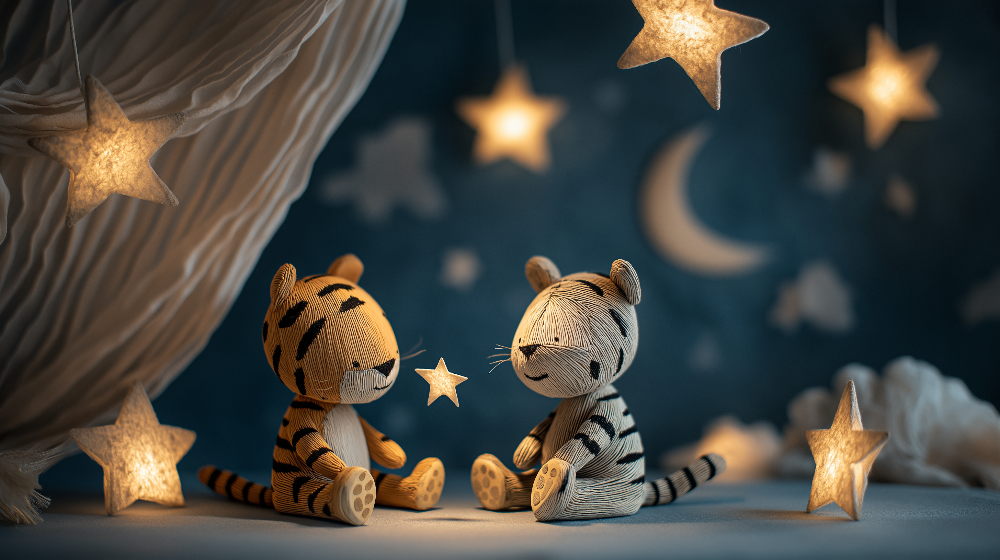 Two Cuddly Tigers Under a Starry Night Sky Wall Mural