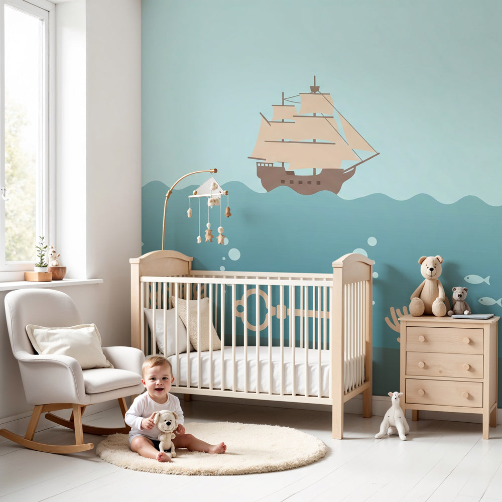 Underwater adventure mural wallpaper with ship and treasures in modern nursery by Kids-Mundo