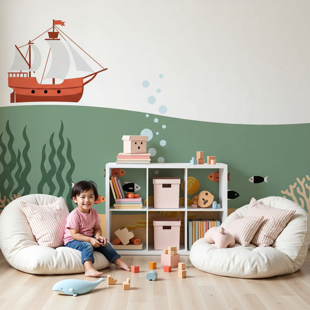 Underwater adventure mural wallpaper with pirate treasure theme in modern kids bedroom by Kids-Mundo