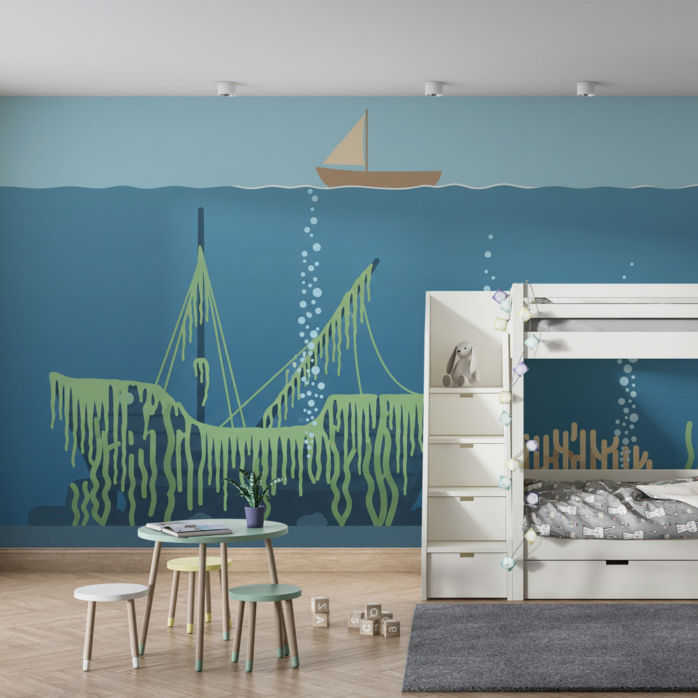 Ocean adventure mural wallpaper transforming kids bedroom into underwater sanctuary