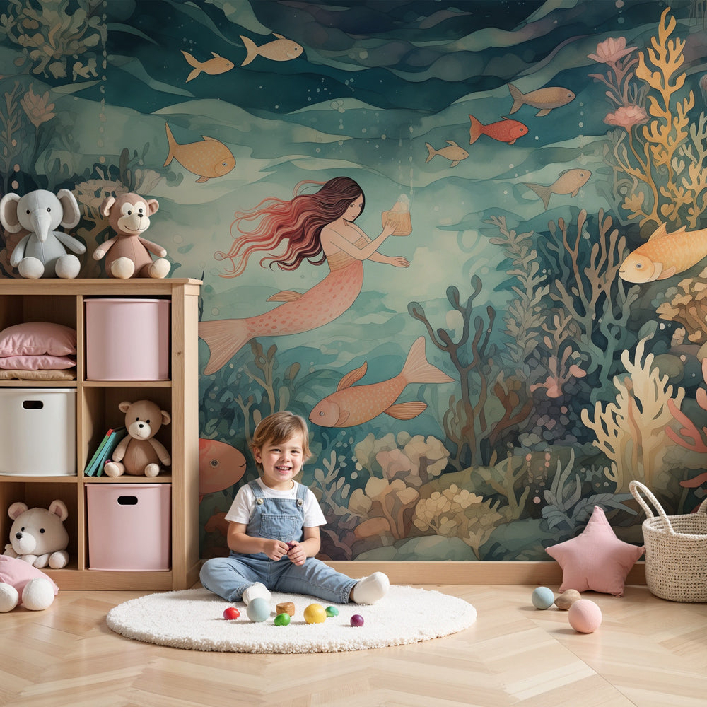 Underwater mermaid mural wallpaper in bright kids nursery with colorful coral design by Kids-Mundo