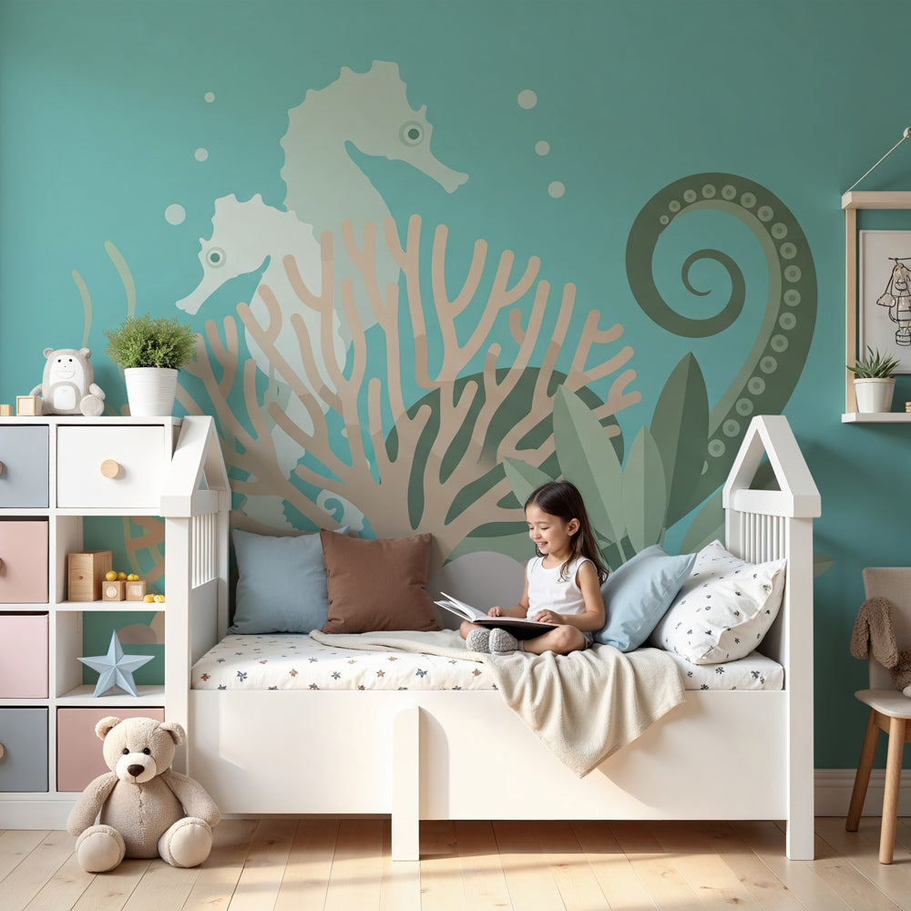 Underwater ocean mural wallpaper with seahorses in modern nursery by Kids-Mundo