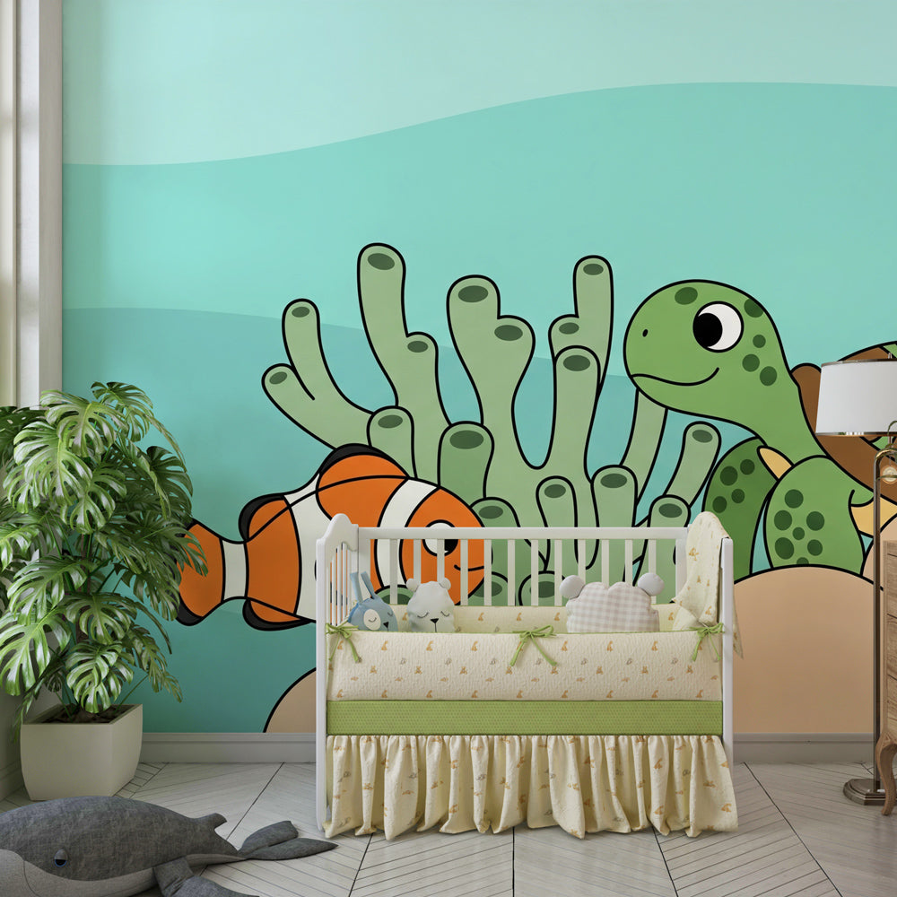 Ocean themed mural wallpaper creating aquatic atmosphere in children's bedroom decor