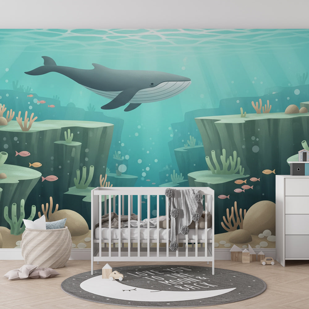 Whale and coral mural wallpaper creating peaceful underwater atmosphere in kids bedroom