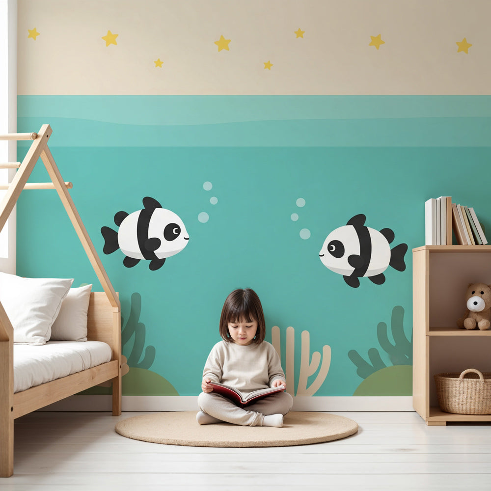 Underwater pandas mural wallpaper in soft blue nursery with coral reef design by Kids-Mundo