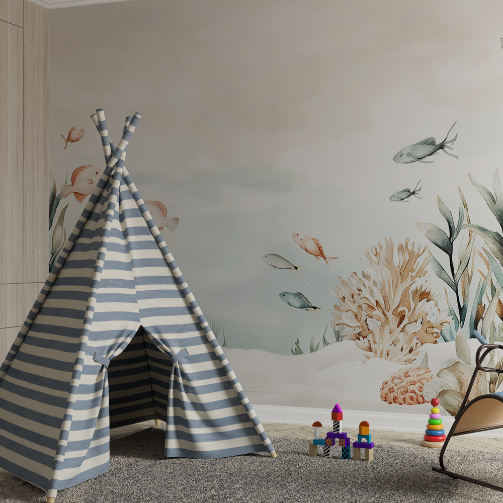 Pastel coral reef wallpaper creating serene ocean theme in children's bedroom