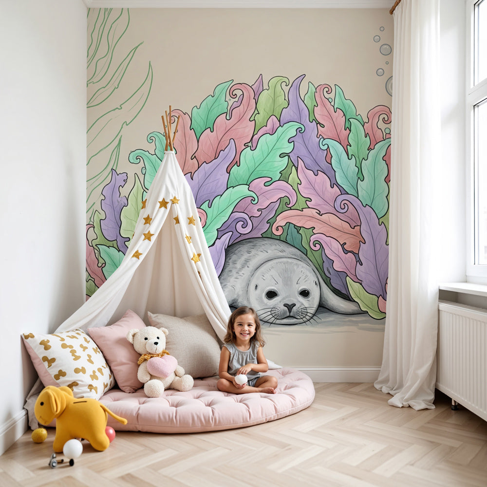 Underwater seal mural wallpaper with colorful seaweed in modern nursery by Kids-Mundo