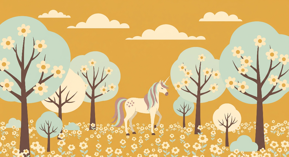 Unicorn in a Mint Blossom Orchard Wall Mural