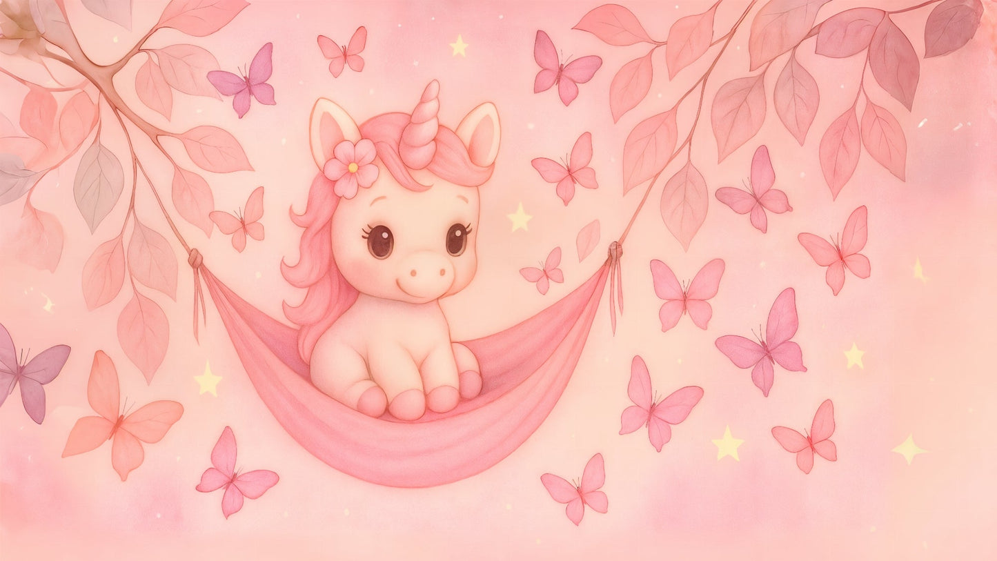Kids-Mundo flat artwork of a baby unicorn swinging in a hammock surrounded by pink butterflies.