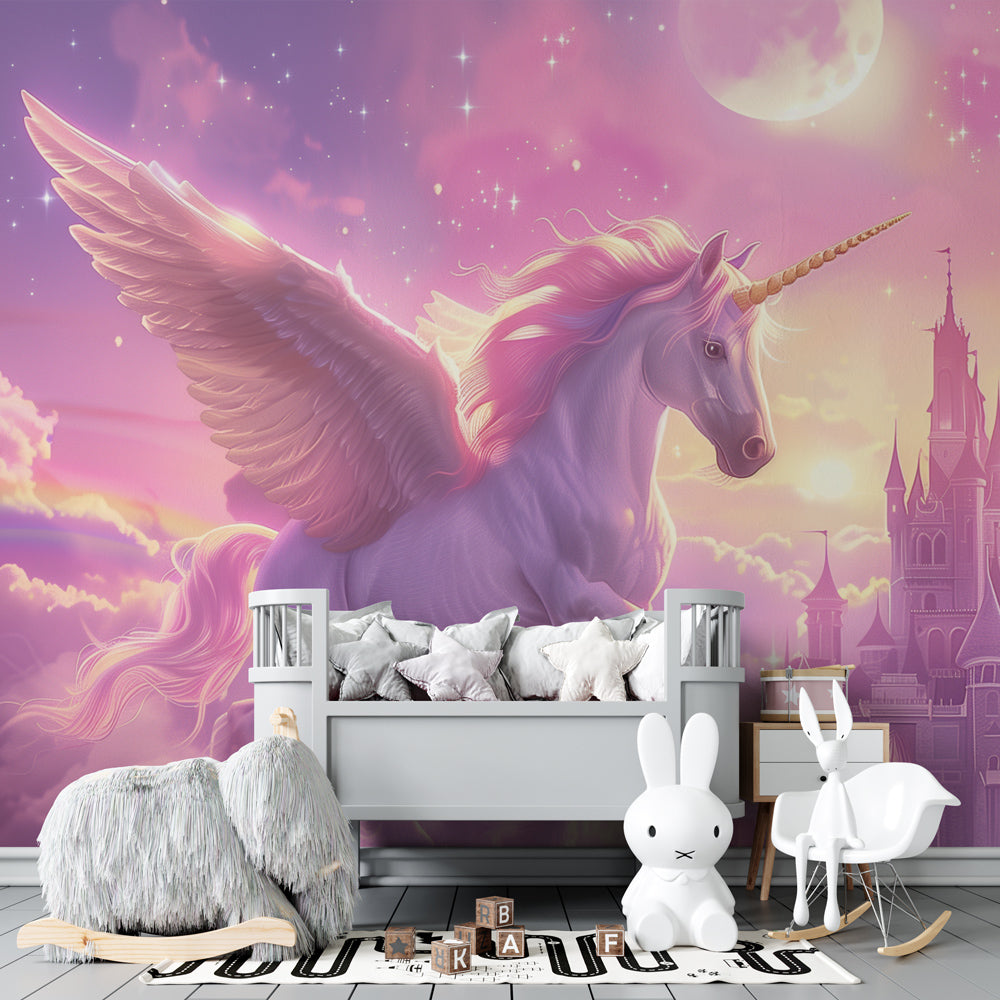 Fantasy unicorn wallpaper creating magical atmosphere in children's bedroom