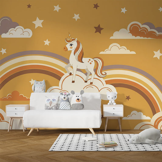 Kids bedroom with the Kids-Mundo golden unicorn and rainbow cloud wall mural