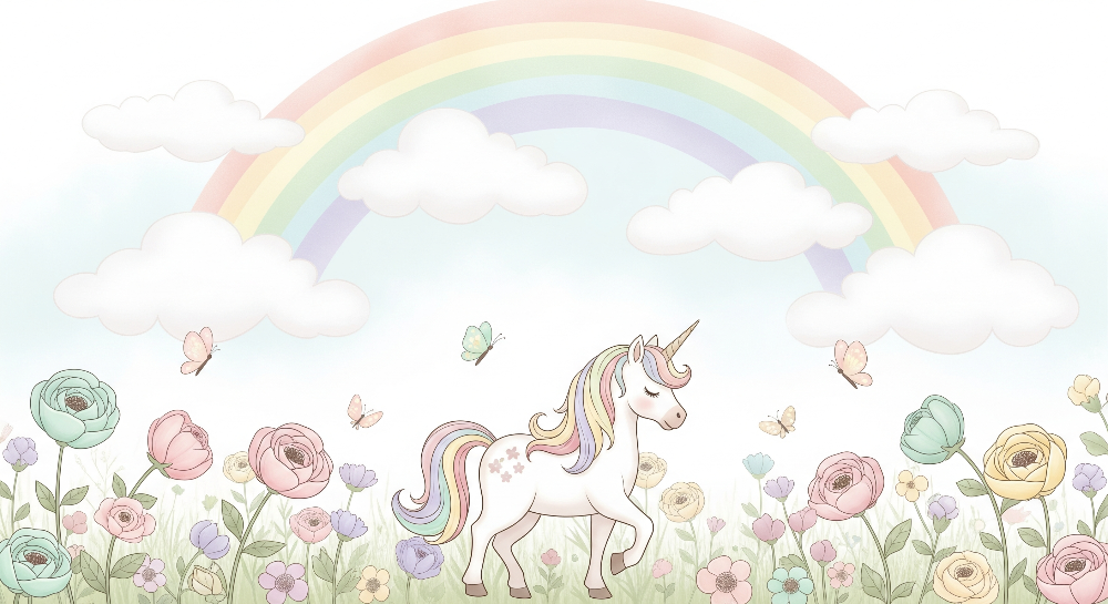 Flat artwork preview of the Kids-Mundo unicorn in a flower field wall mural design