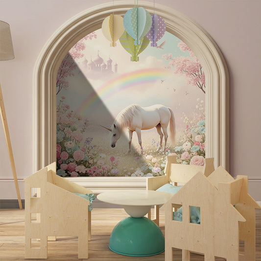 Kids-Mundo garden window unicorn mural styled in a romantic kids bedroom setting