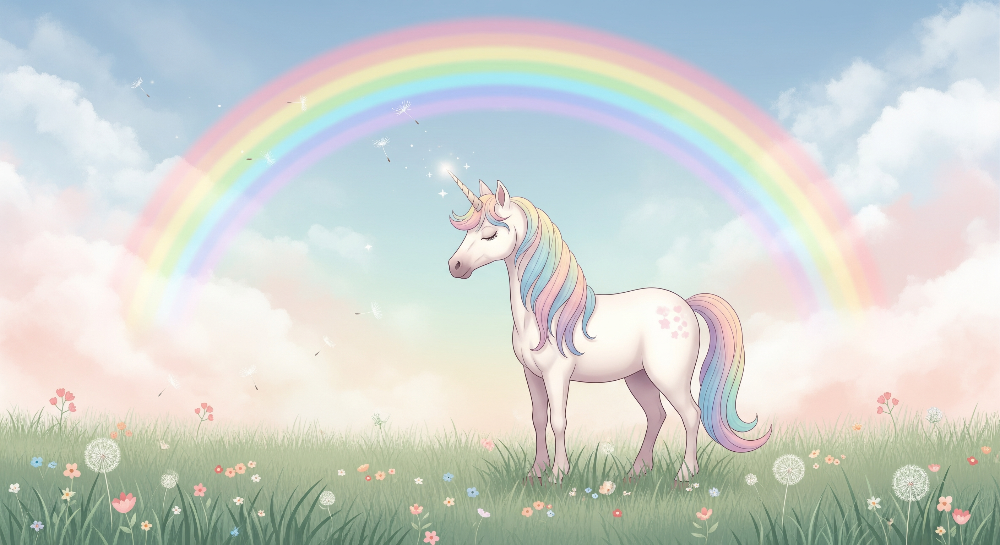 Flat artwork preview of the Kids-Mundo unicorn in a meadow under a rainbow wall mural