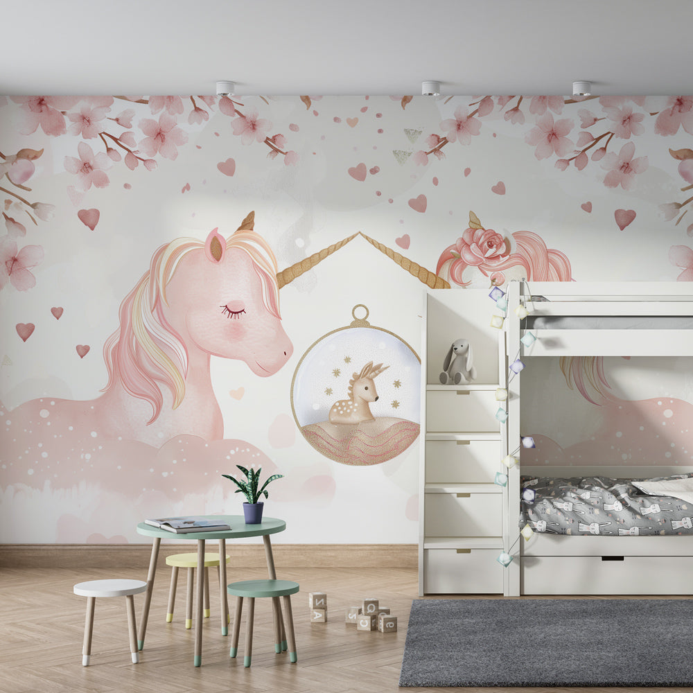 Pink unicorn cherry blossom wallpaper creating magical atmosphere in baby bedroom decor