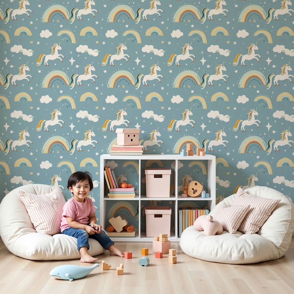 Unicorn mural wallpaper with rainbows decorating a charming kids bedroom by Kids-Mundo