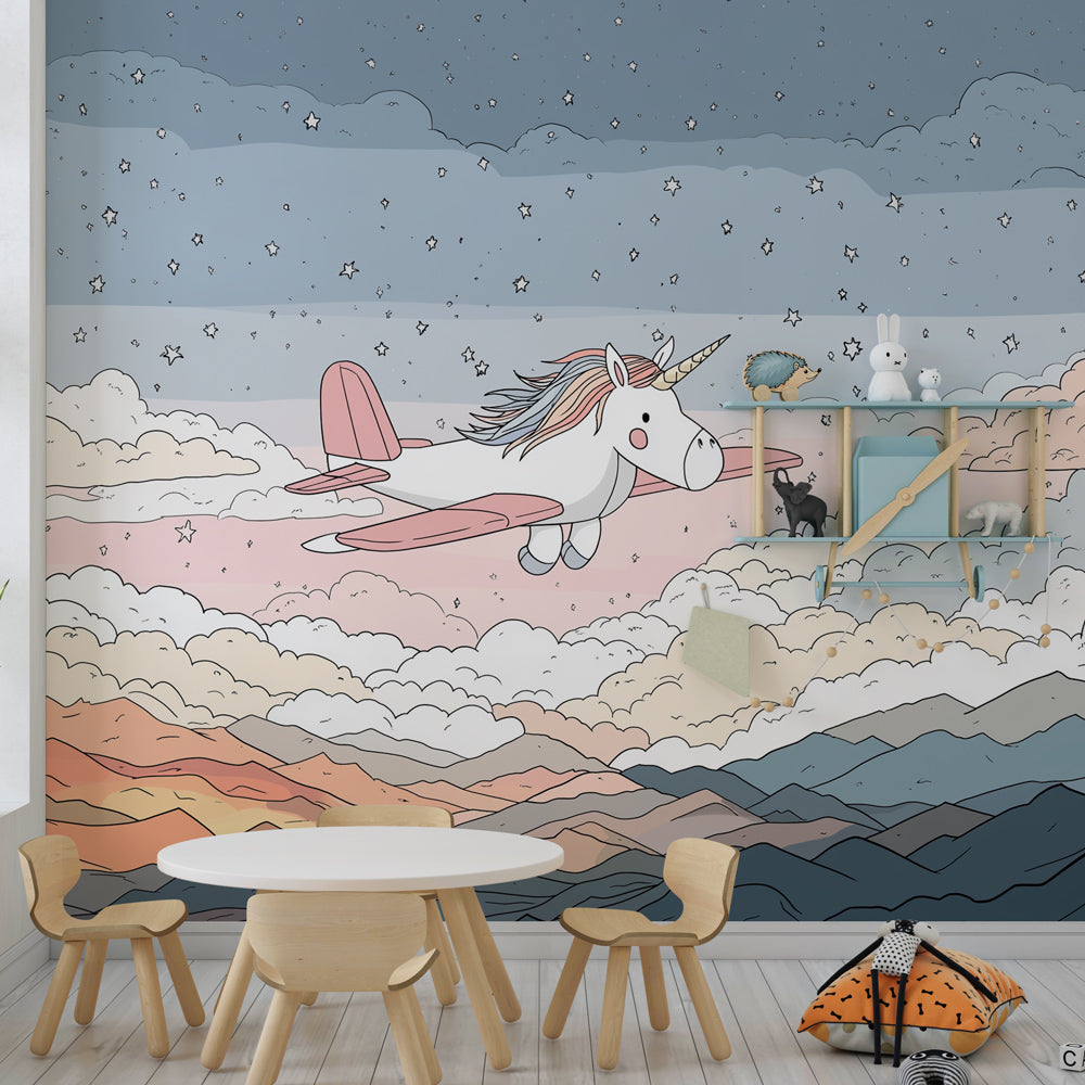 Magical unicorn wallpaper creating dreamy atmosphere in children's bedroom with stars
