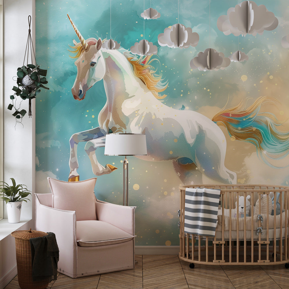 Fairytale unicorn wallpaper transforming children's bedroom with starry pastel sky theme by Kids-Mundo