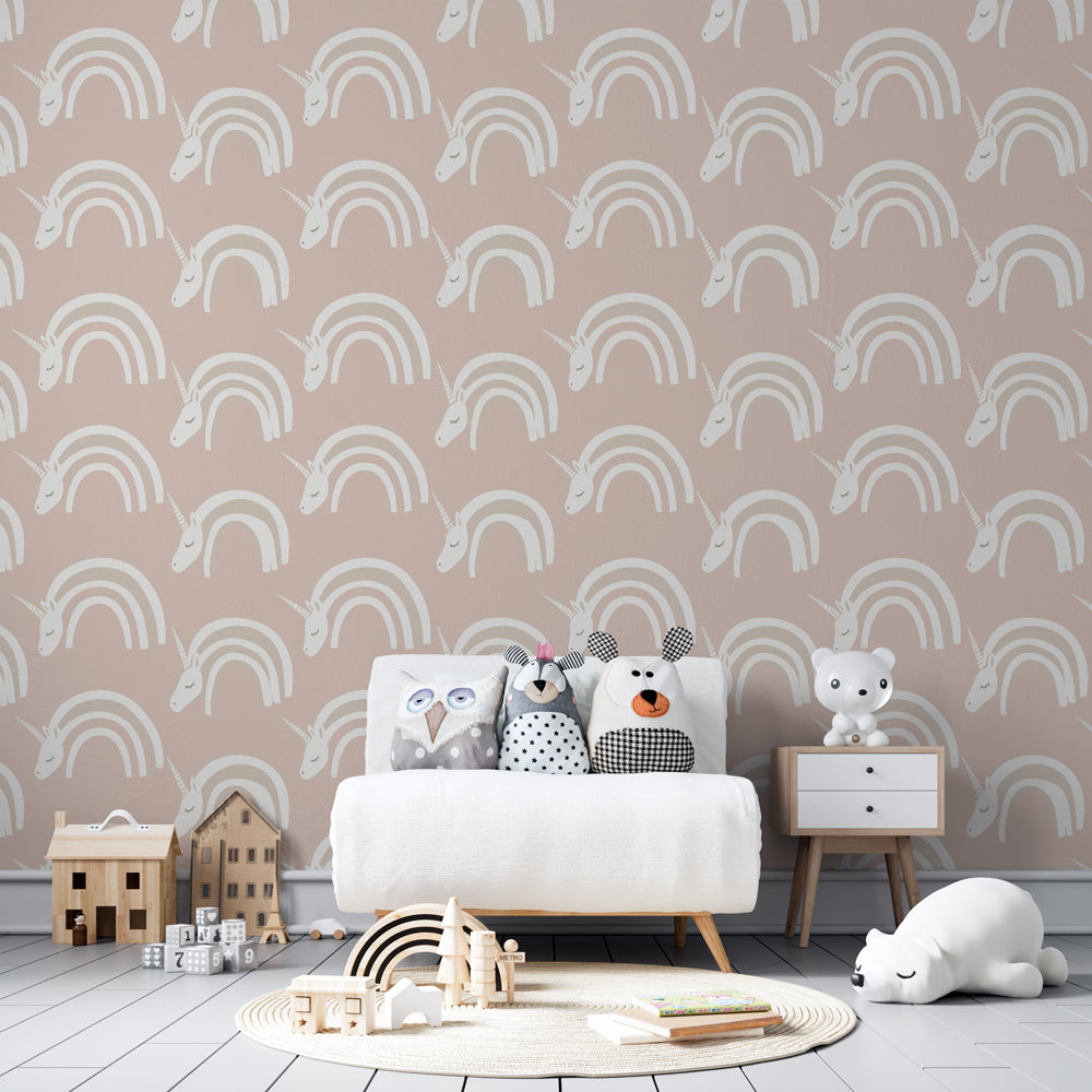 Pastel unicorn mural wallpaper creating magical atmosphere in children's bedroom