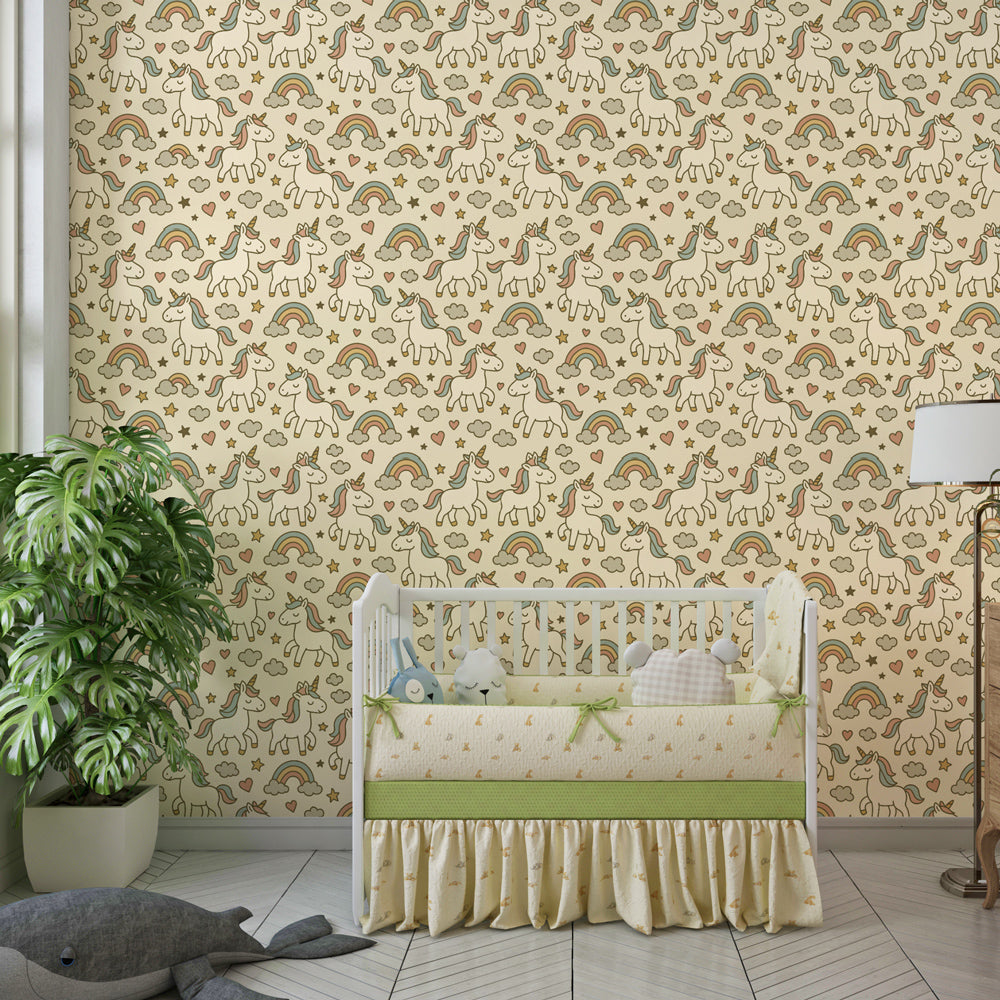 Enchanting unicorn wallpaper transforming children's bedroom into fantasy wonderland