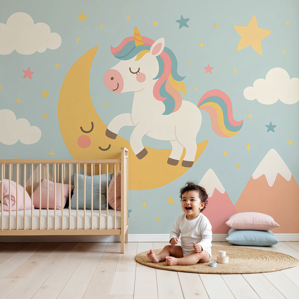 Unicorn moon and stars mural wallpaper in cozy children's bedroom setting by Kids-Mundo