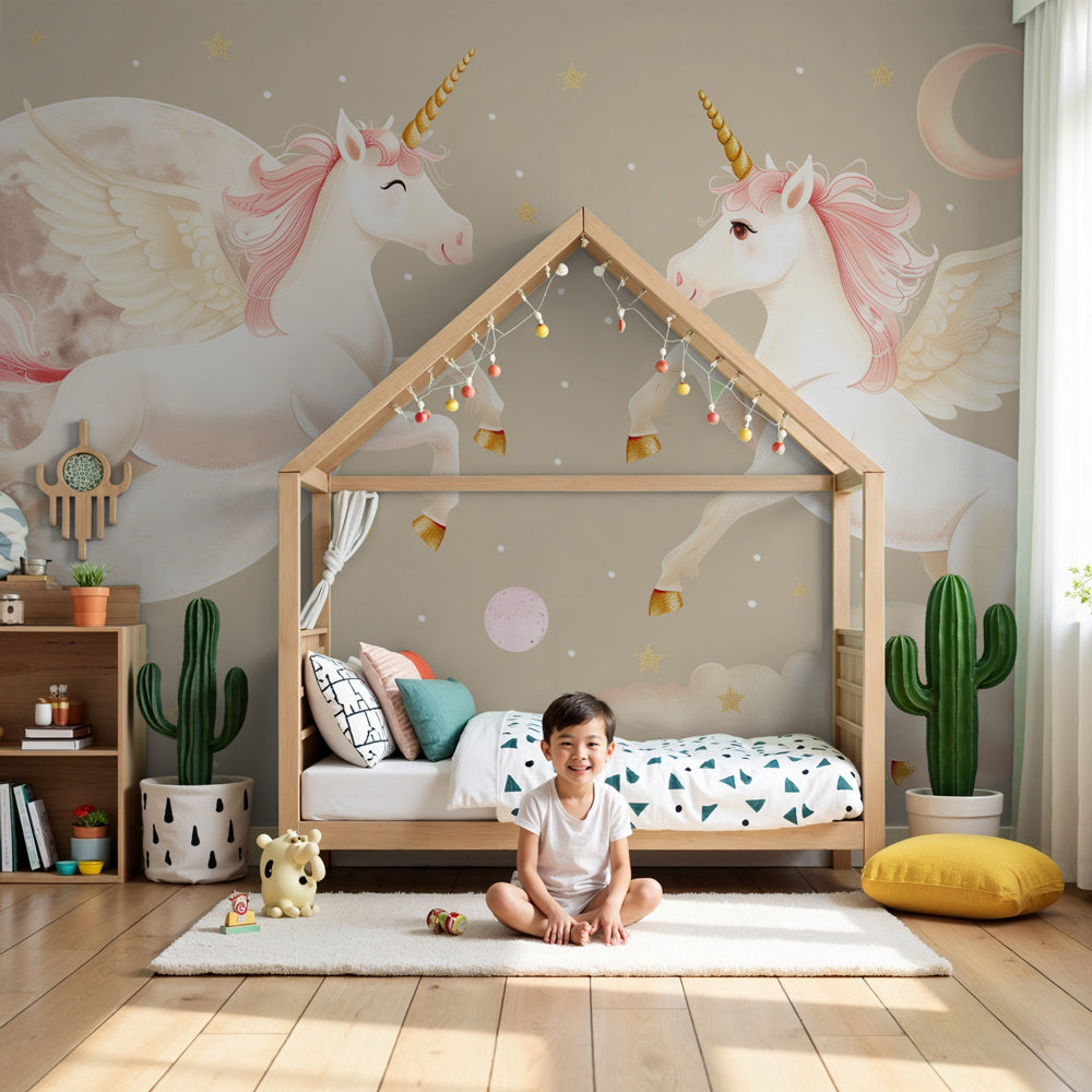Unicorn mural wallpaper creating magical atmosphere in modern kids bedroom by Kids-Mundo