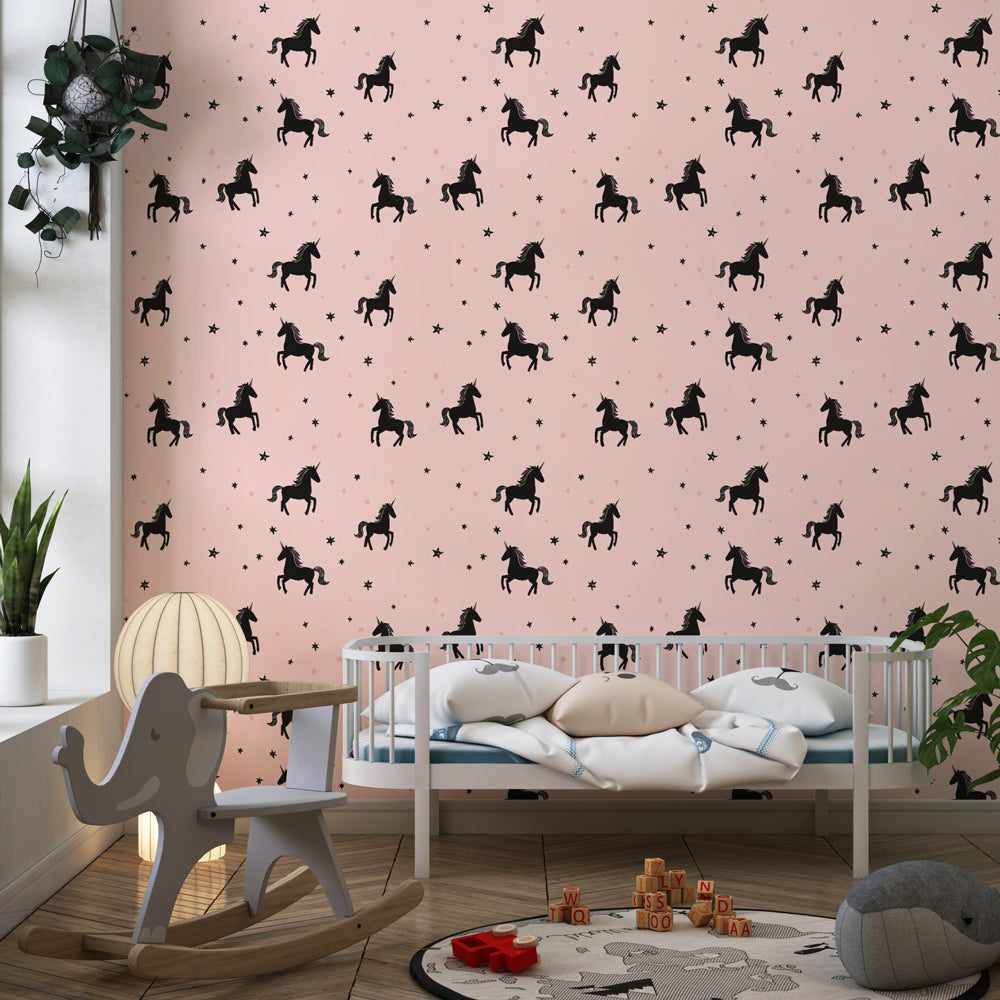 Unicorn wallpaper with twinkling stars transforming children's bedroom by Kids-Mundo