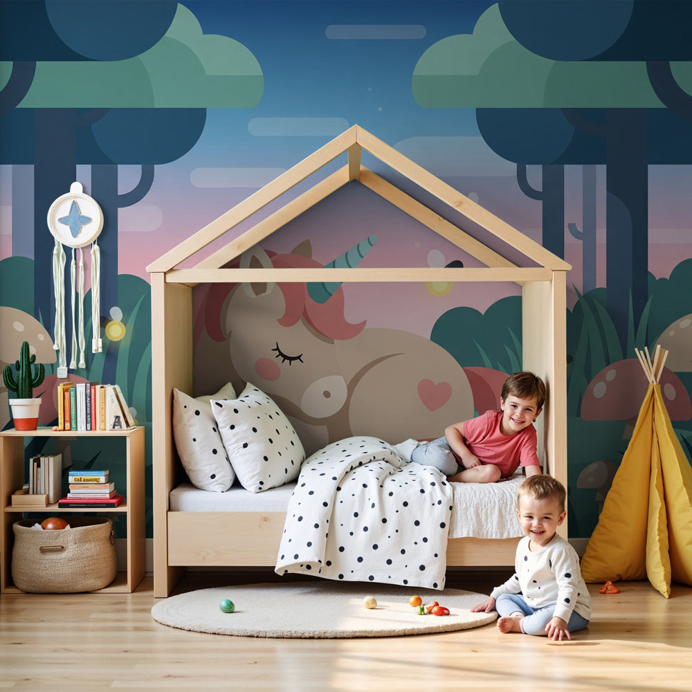 Unicorn mural wallpaper in enchanted forest theme decorating modern nursery room by Kids-Mundo