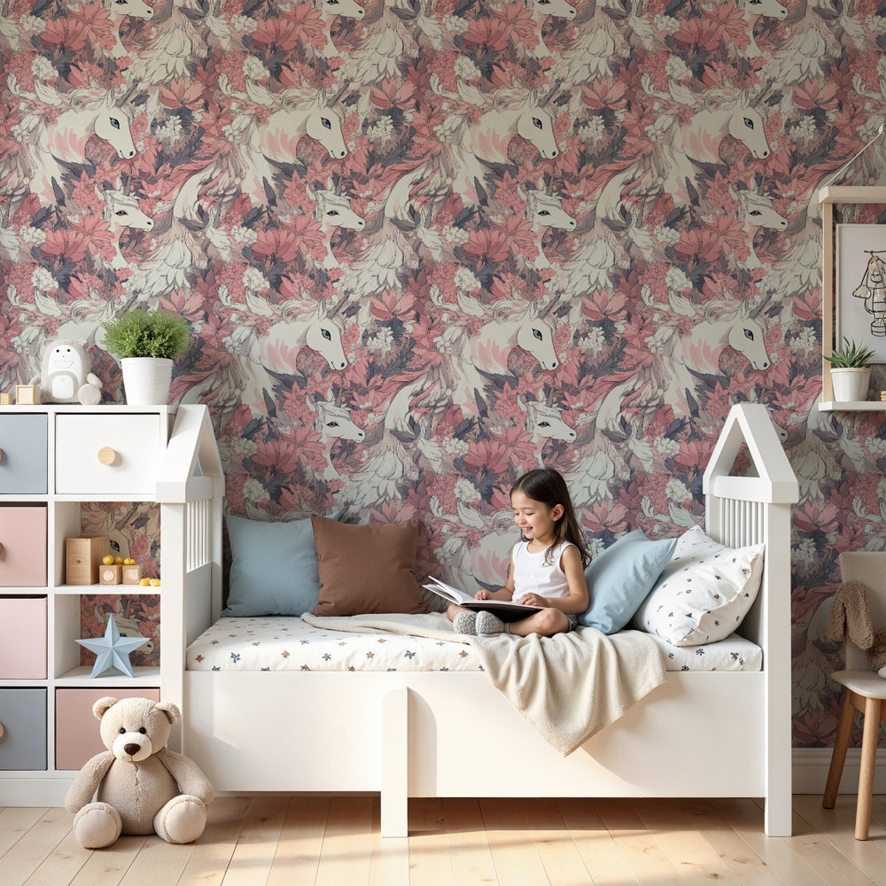Unicorn mural wallpaper creating magical atmosphere in pink girls bedroom by Kids-Mundo