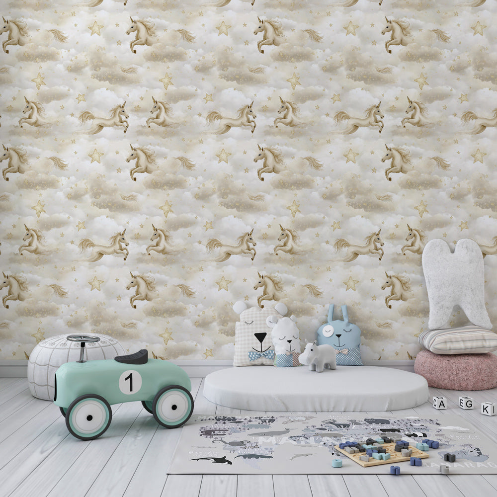 Golden unicorn wallpaper transforming children's bedroom into fairy tale kingdom