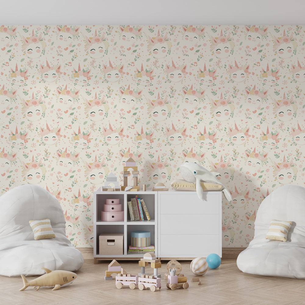 Unicorn floral mural wallpaper transforming children's bedroom into fairy-tale space by Kids-Mundo