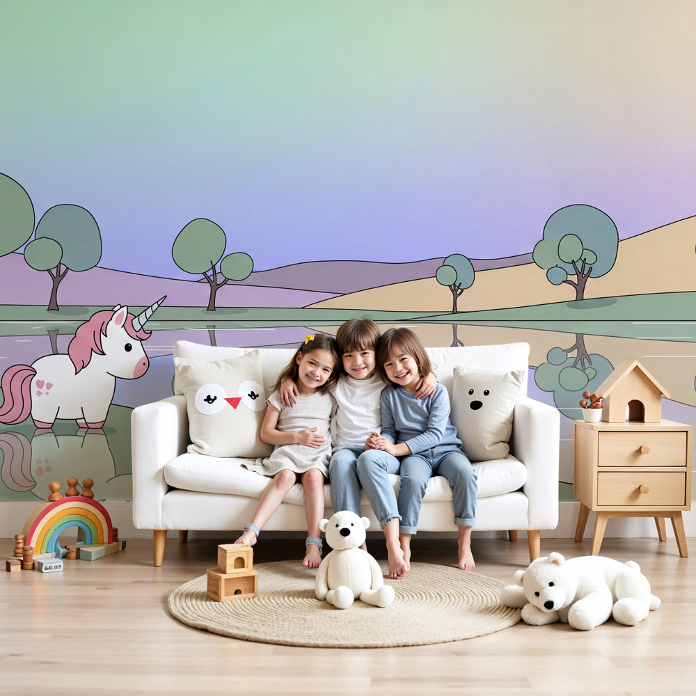 Magical unicorn lakeside mural wallpaper in serene nursery setting by Kids-Mundo