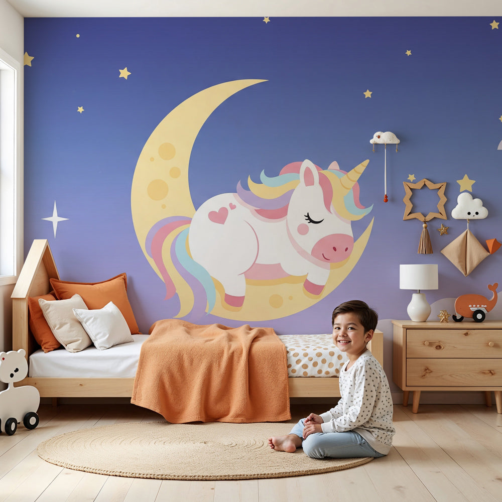 Dreamy unicorn mural wallpaper creating magical nursery atmosphere by Kids-Mundo