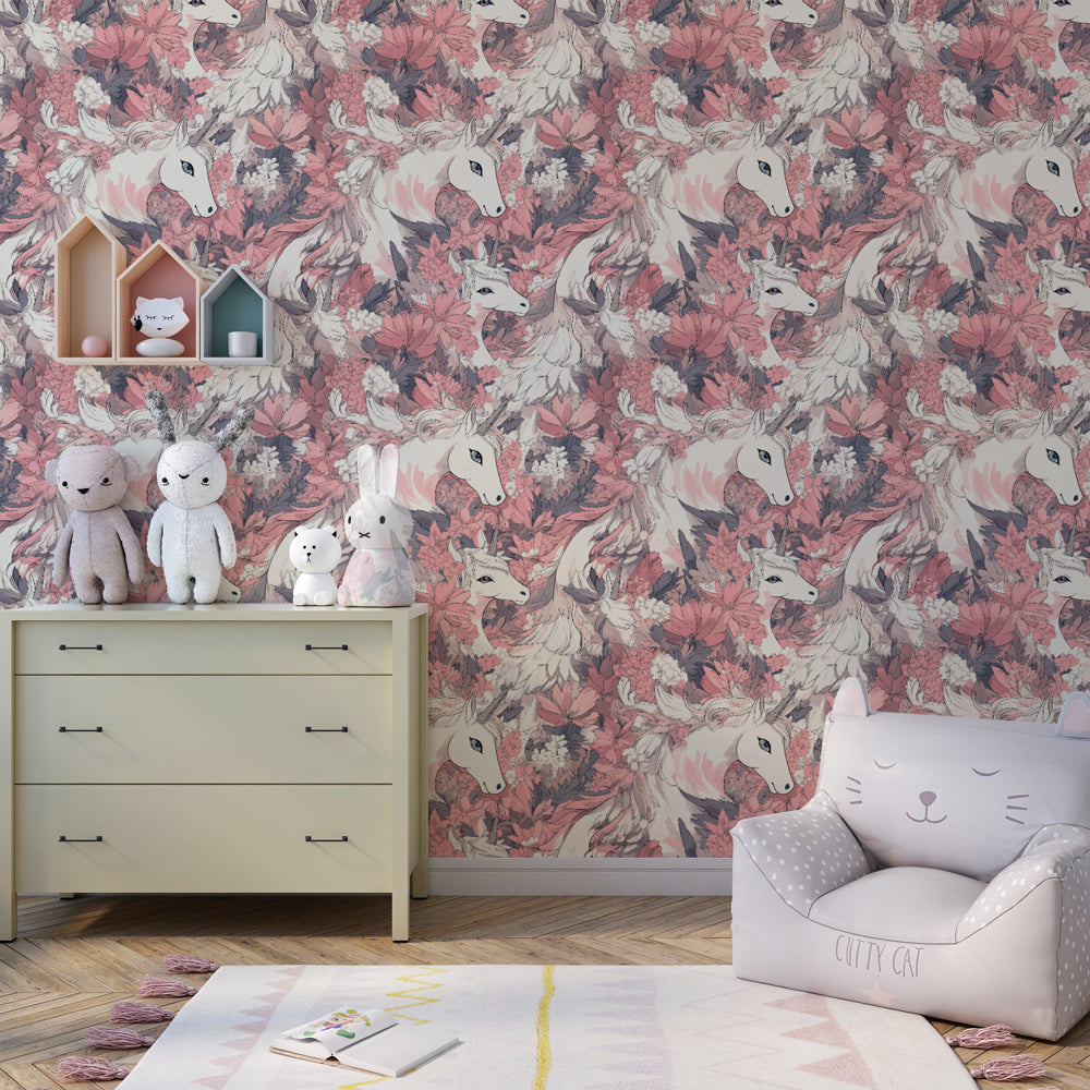 Pink unicorn and flowers wallpaper transforming nursery into fairy tale space