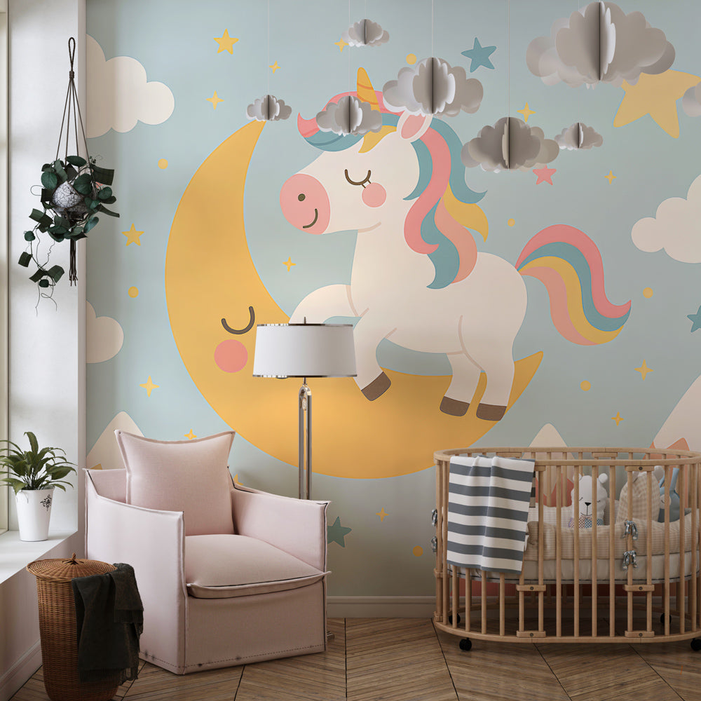 Dreamy unicorn wallpaper creating magical nursery atmosphere with soft pastel colors