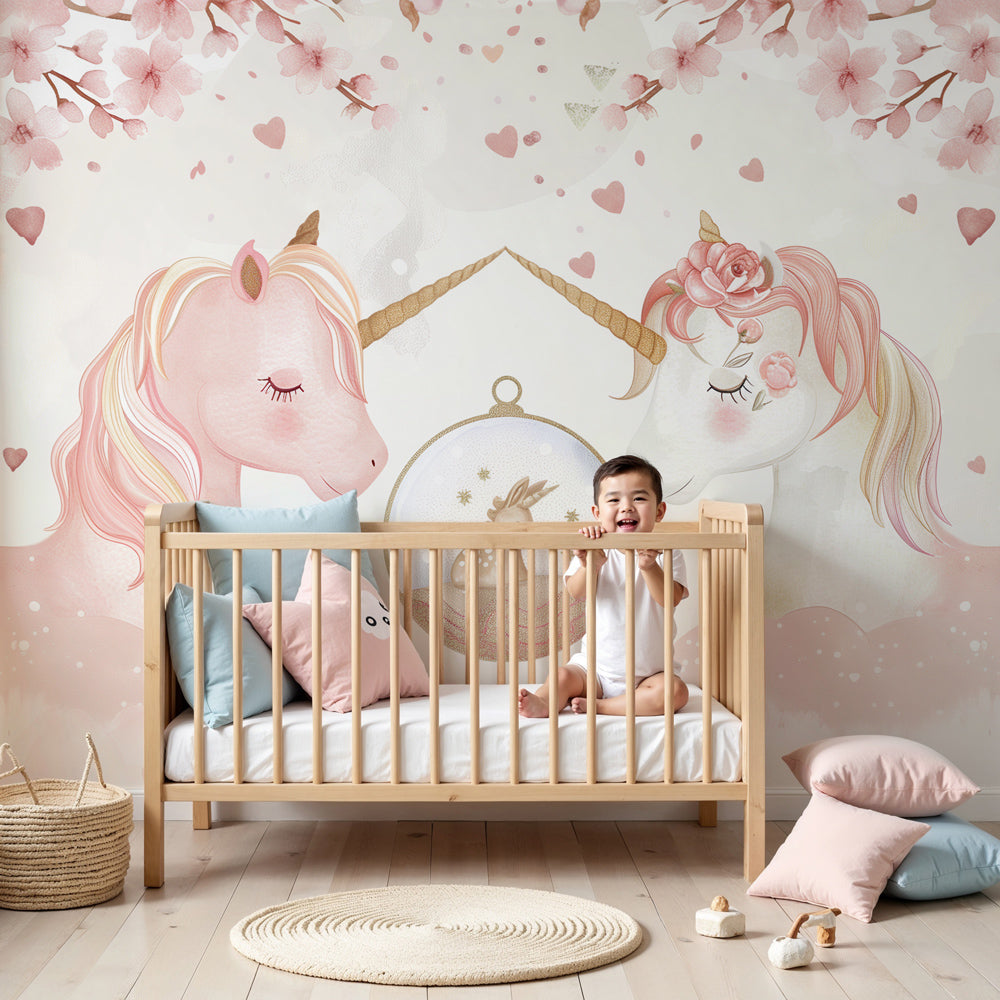 Dreamy unicorn watercolor mural wallpaper in modern nursery with cherry blossoms by Kids-Mundo