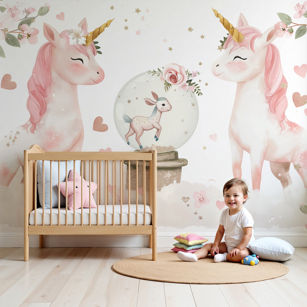Unicorn cherry blossom mural wallpaper in elegant pink nursery by Kids-Mundo