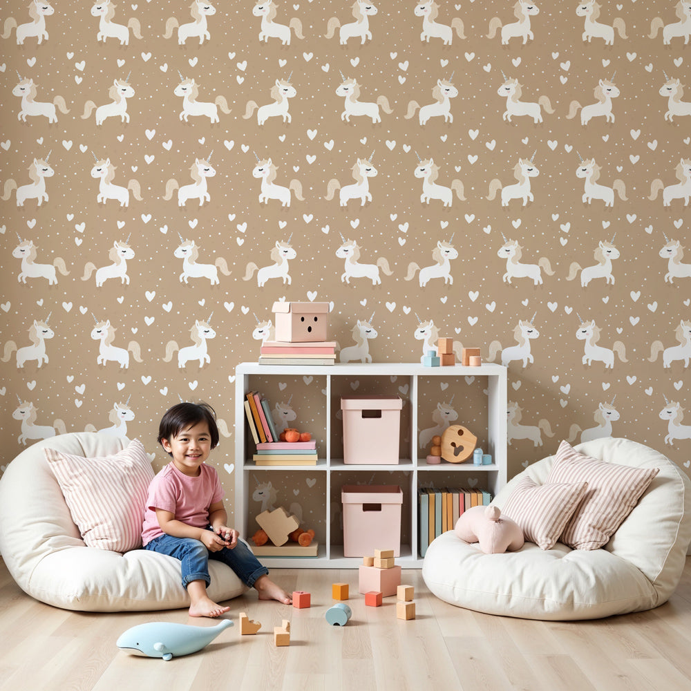 Unicorn mural wallpaper creating magical fairy tale nursery decor with taupe background by Kids-Mundo